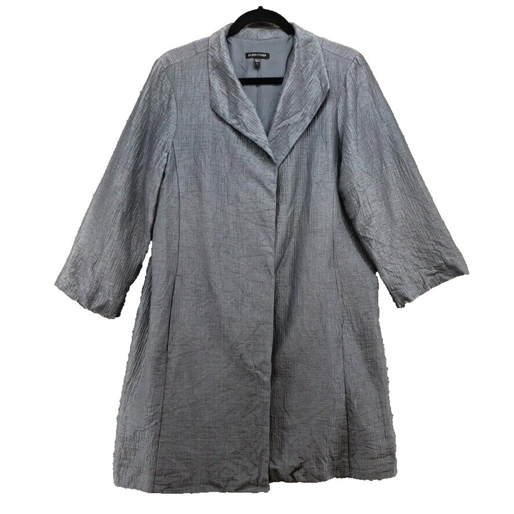 Eileen Fisher Textured Silk Jacket Womens Large Gray 3/4 Sleeve Old Money Modern